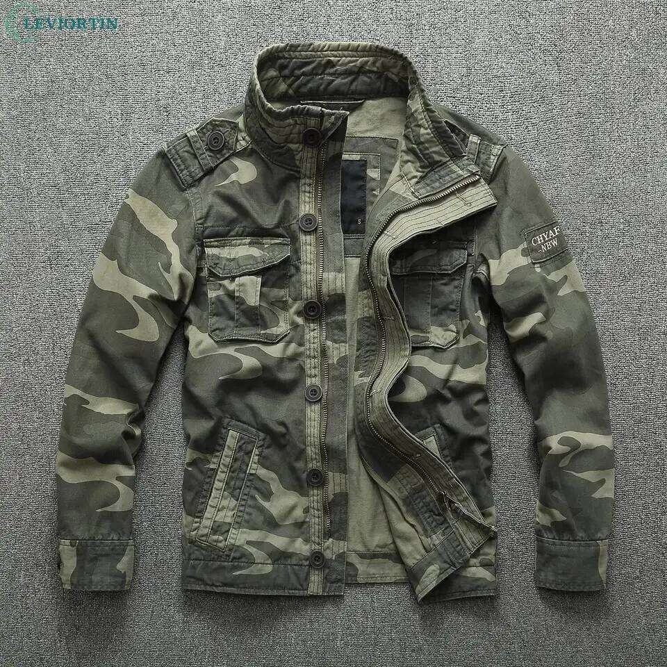 Autumn Men's Military Camouflage Cargo Multi-Pockets Heavyweight Cotton Outdoor Stand Collar Casual Workwear Jackets Man 26H0311