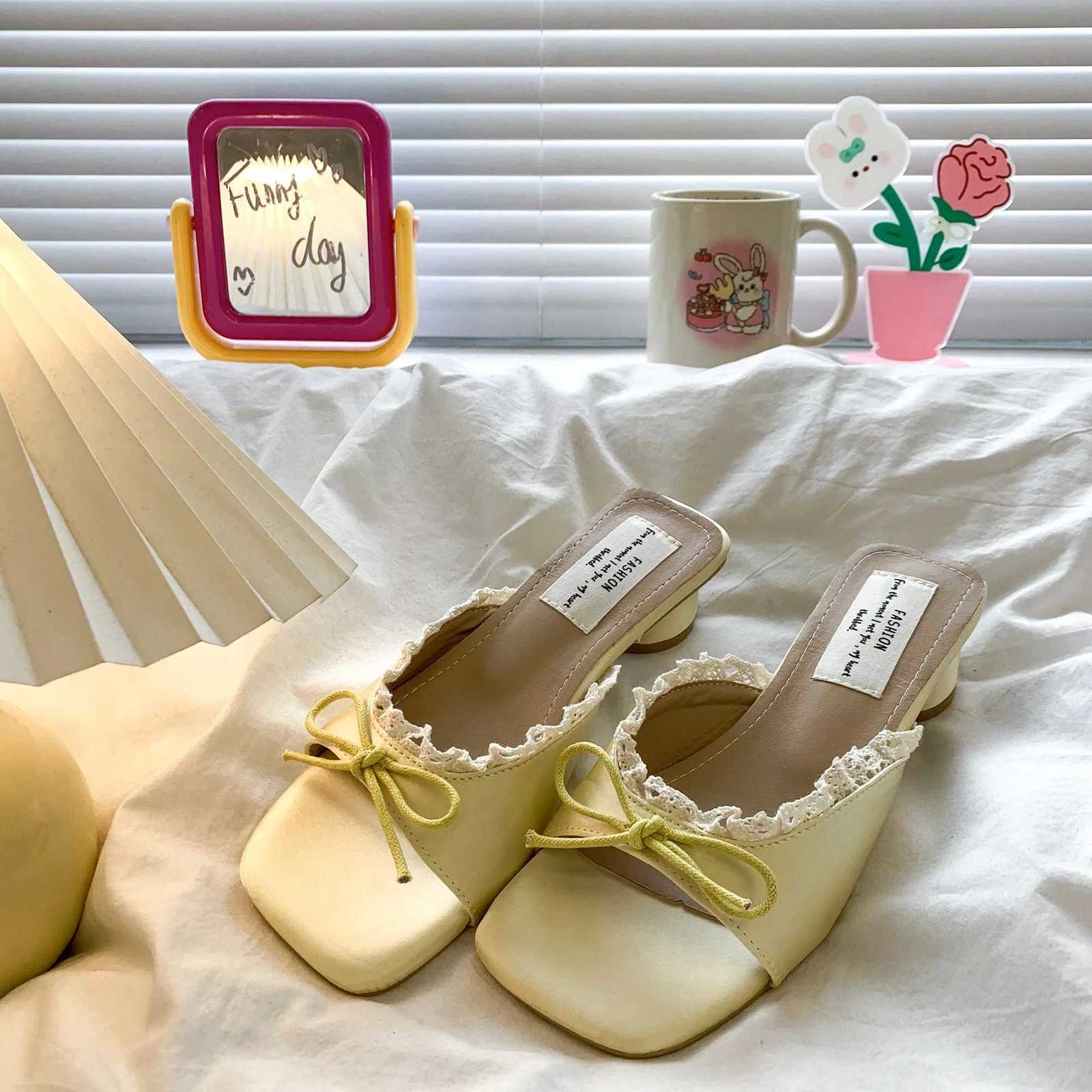 Satin Silk Butterfly-knot Lace Woman Summer Designer Style Fashion Thick Low Heel Dress Mule Slide Shoes In Pink K260311