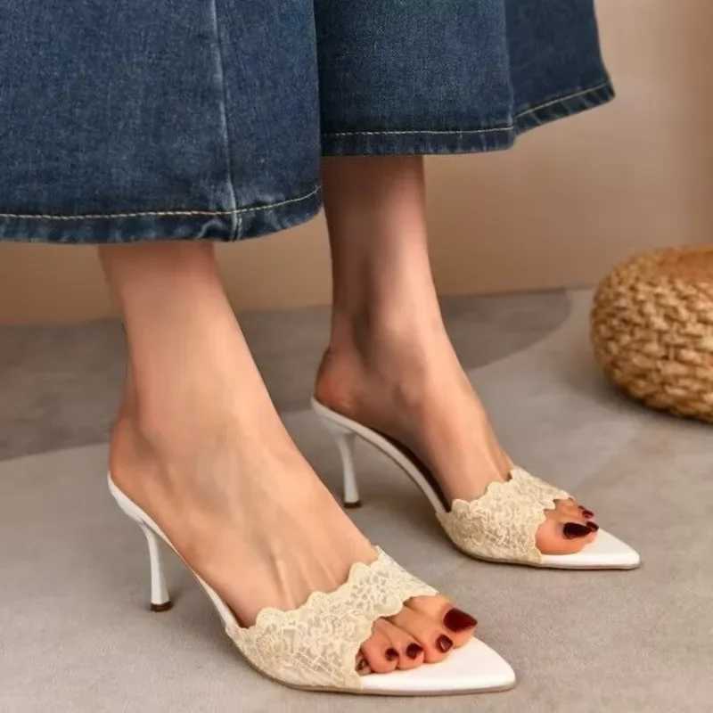 French champagne lace embroidered pointed high-heeled womens versatile sexy celebrity fish mouth stiletto sandals K260311