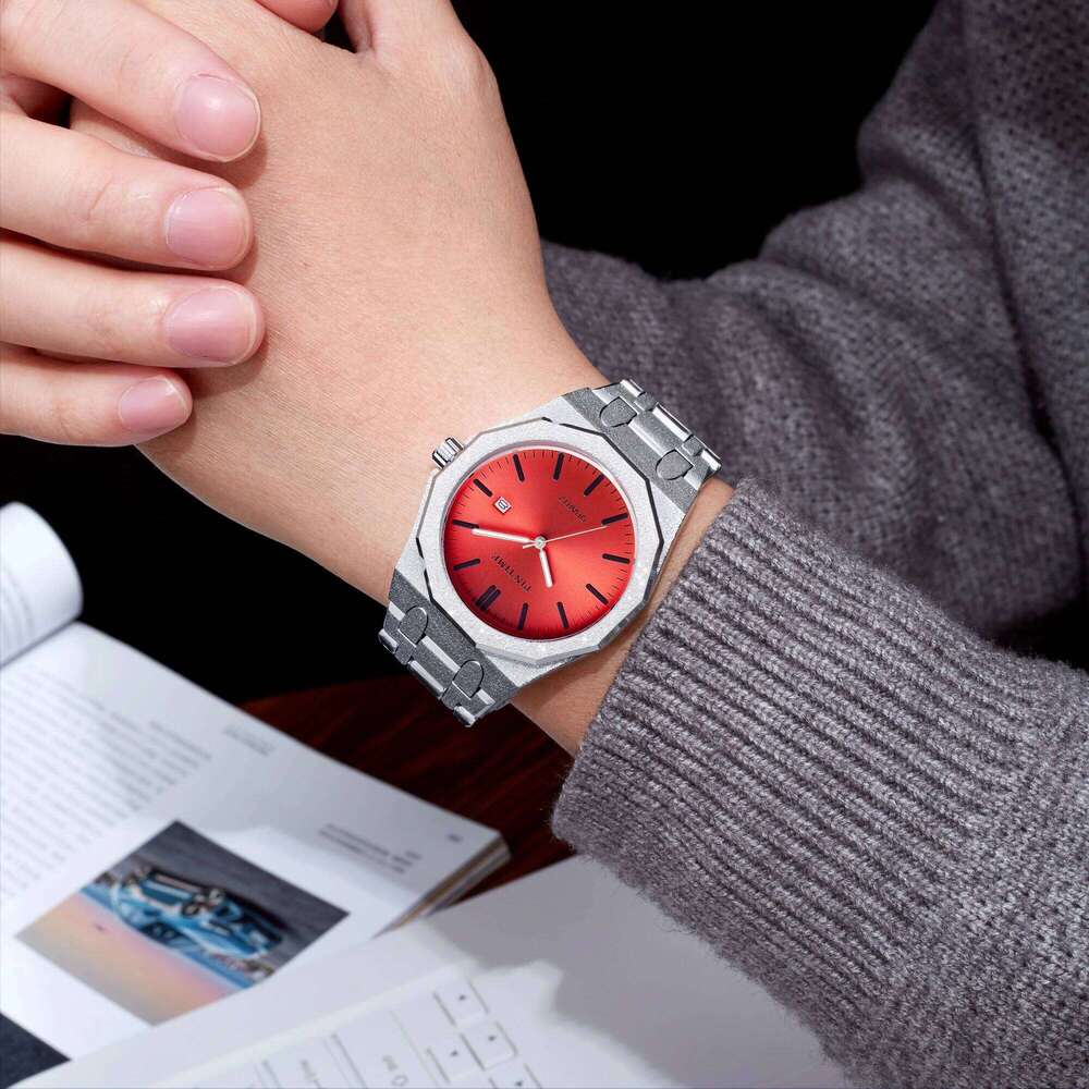 Octagon Wristwatch Glitter Textured Case Purple Dial Date Display Quartz Unisex Stylish Trendy Casual Fashion Watch
