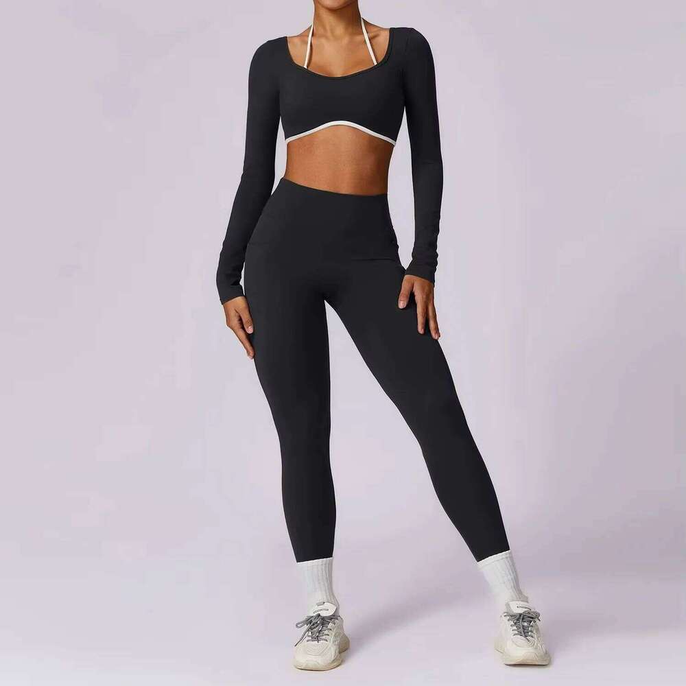 Yoga Set 2PCS Women Sportswear Push Up Workout Clothes Athletic Wear Gym Legging Fitness Bra Crop Top Long Sleeve Sports Suits 26H0311