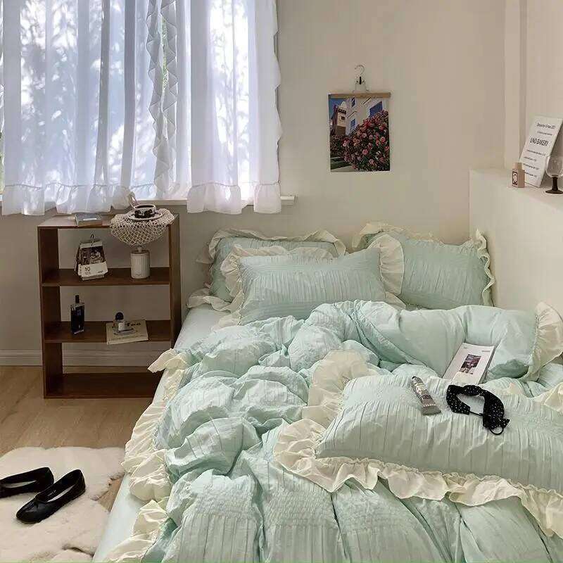 Product Spring and Summer Gentle Feng Shui Wash Cotton Wrinkled Yarn Princess Four Sets Bed Sheets Cover Student Dormitory H260311