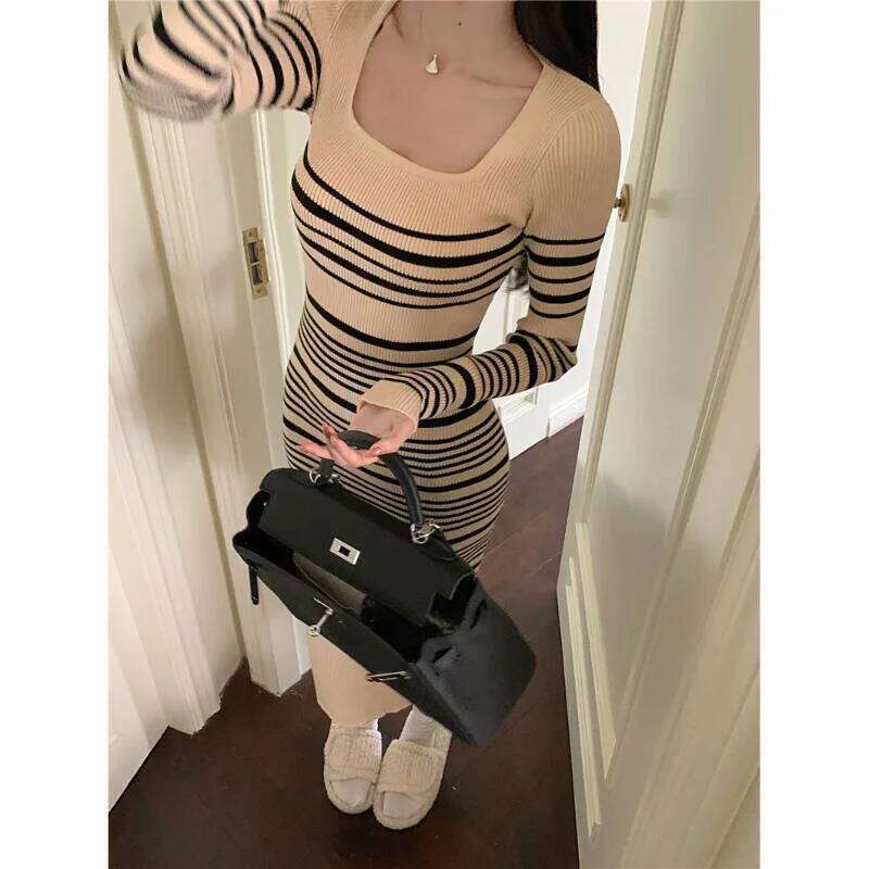 Square Collar Striped Knitted Long-sleeved Dress for Women Autumn Winter Korean Style Versatile Slim Hip Skirt Z260311
