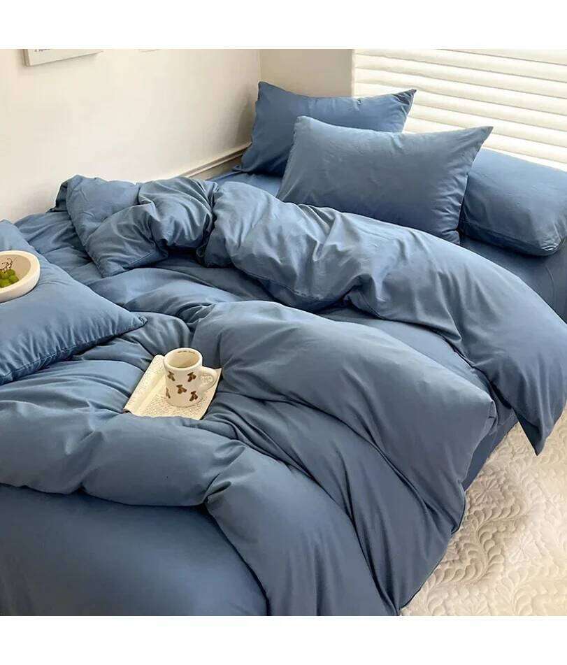 Solid Bed Linen Cotton Bedding Set with Sheet Duvet Cover Pillowcase Single Couple Bedsheet King Queen Double Twin Size H260311 - view 6