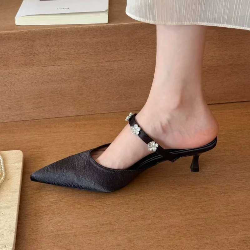 High Quality Satin Heels Women Fashion String Bead Sexy Pointed Slide Sandals Elegant Office Designer Shoes Mule Pumps K260311