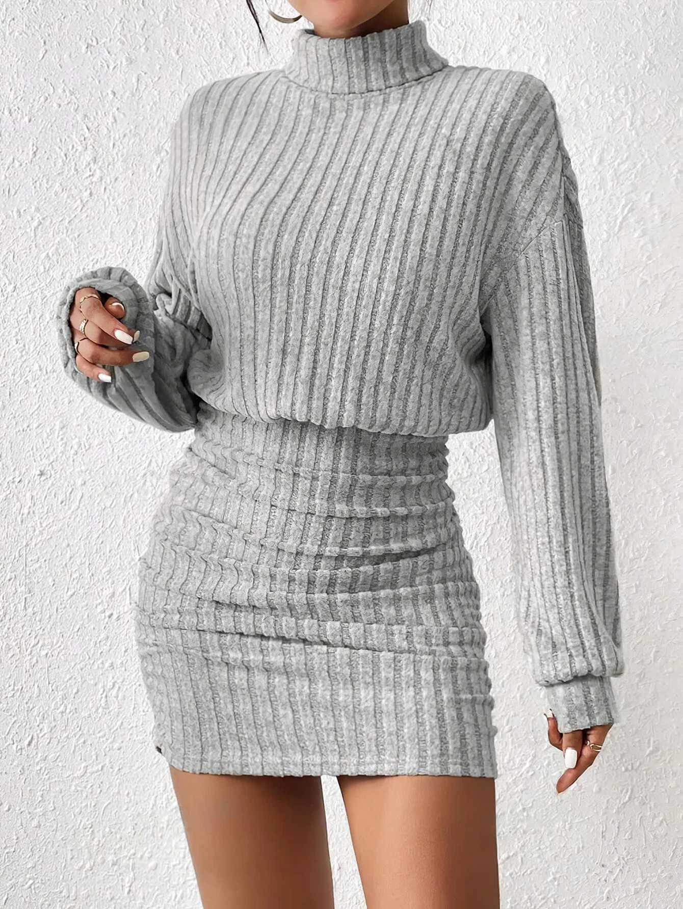 Womens Autumn Winter Fashion High Neck Knitted Sweater Dress Female Casual Solid Loose Long Sleeve Warm Mid Length Dresses M260311