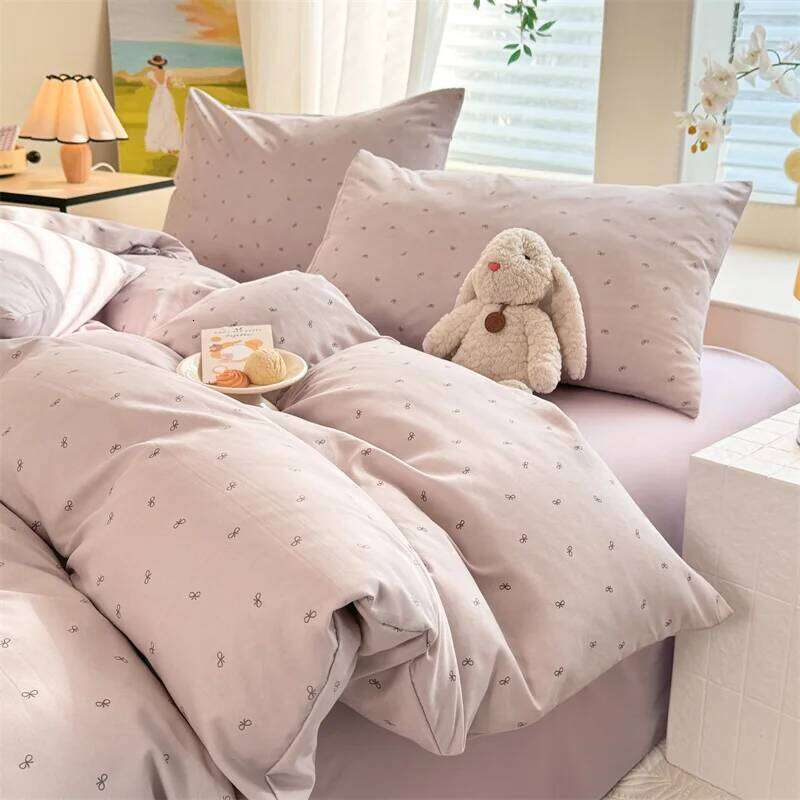 Bonenjoy Purple Duvet Sets Bowknot Printed Single/Full/Queen/King Bed Cover Set dekbedovertrek 240x220 Pillowcase H260311