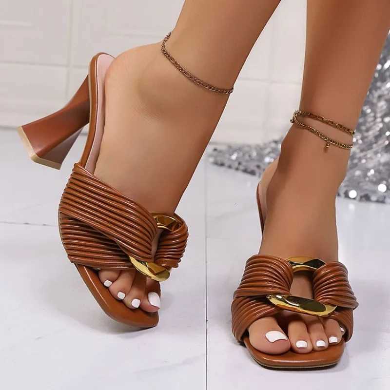 Designer Metal Decoration Slip On Sandals Square Toe Super High Heels Party Women Strange Heels Slides K260311