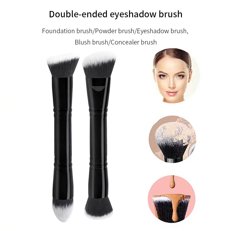 6Pcs Double-ended Multifunctional Makeup Brush & Puff Set, Black & Silver Premium Synthetic Bristles, Solid Wood Handle, Portable Dual-sided Brush, Al