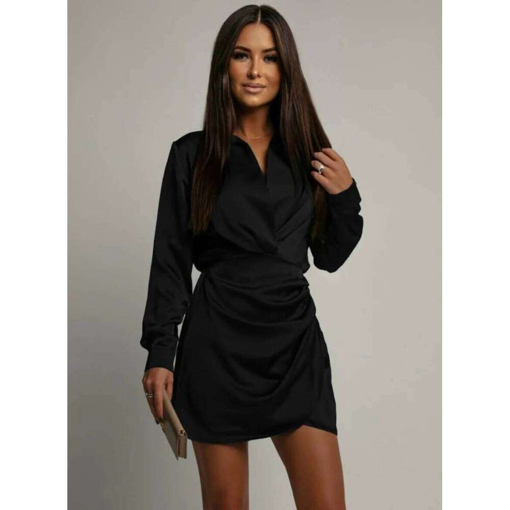Sophisticated Satin Shirt - Elegant Fitted Mini Dress with Long Sleeves & Collar Perfect for Evening Events Z260311