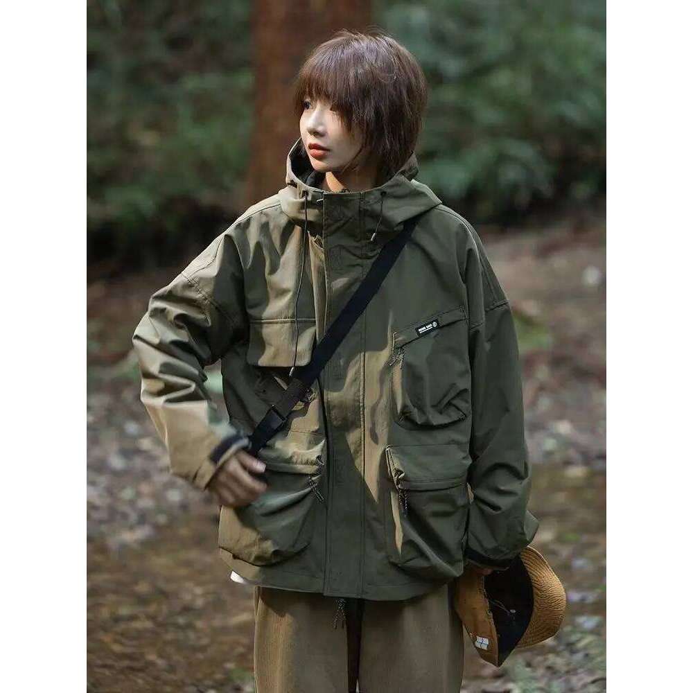 Mountaineering outfit with multiple pockets, street mountain windproof hooded jacket, retro men's wear, casual work pants 26H0311