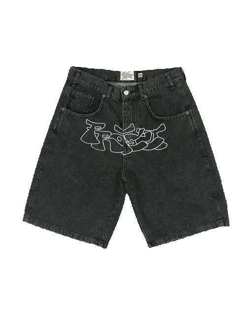 Men's Shorts Vintage Washed Rhinestone Denim Jeans Hip Hop Letter Embroidery Sequin Shiny Baggy Short Low Waist Over The Knee Pant Men's Clo