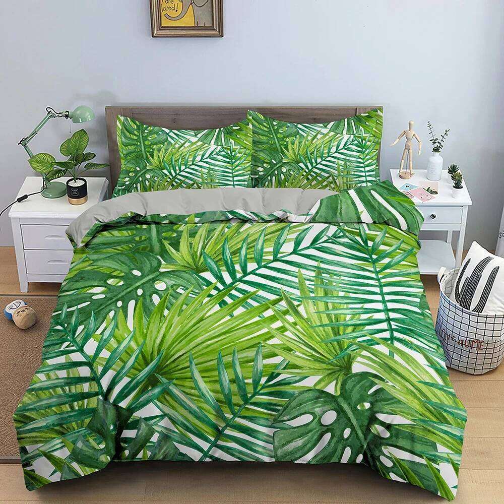 Tropical Plant Bedding Set Green Leaves Duvet with Zipper Closure Comforter Queen King Full Polyester Quilt Cover H260311