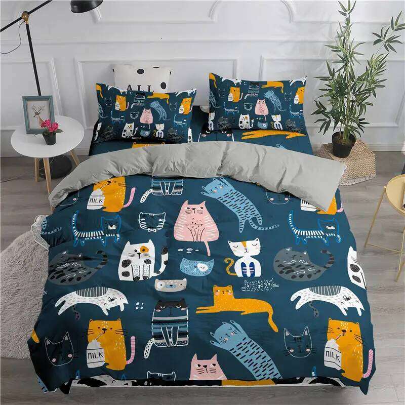 Cartoon Bedding Cute Cats Printed 3D Duvet Cover Set Twin Full Queen King Double Size Pillowcase Bedclothes 2/3pcs for Kids H260311