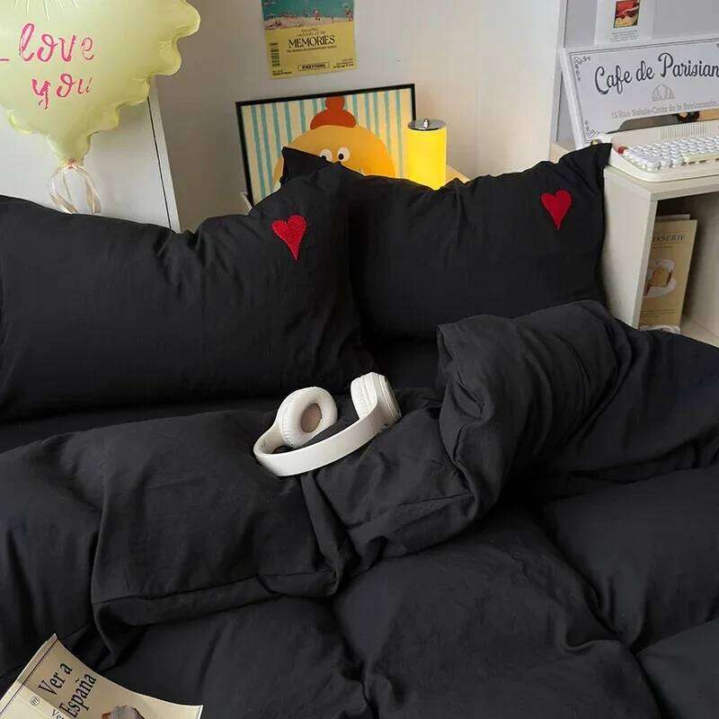 Washed Cotton Super Soft Cool Black Cover Set Heart-shaped Towel Bedding Skin Friendly Duvet Covers Bed Sheets H260311
