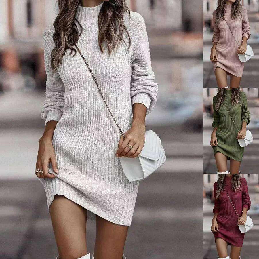 High Collar Long Sleeve Knitted Sweater Dress, Casual Dresses, Monochromatic, New Fashion, Autumn and Winter Z260311