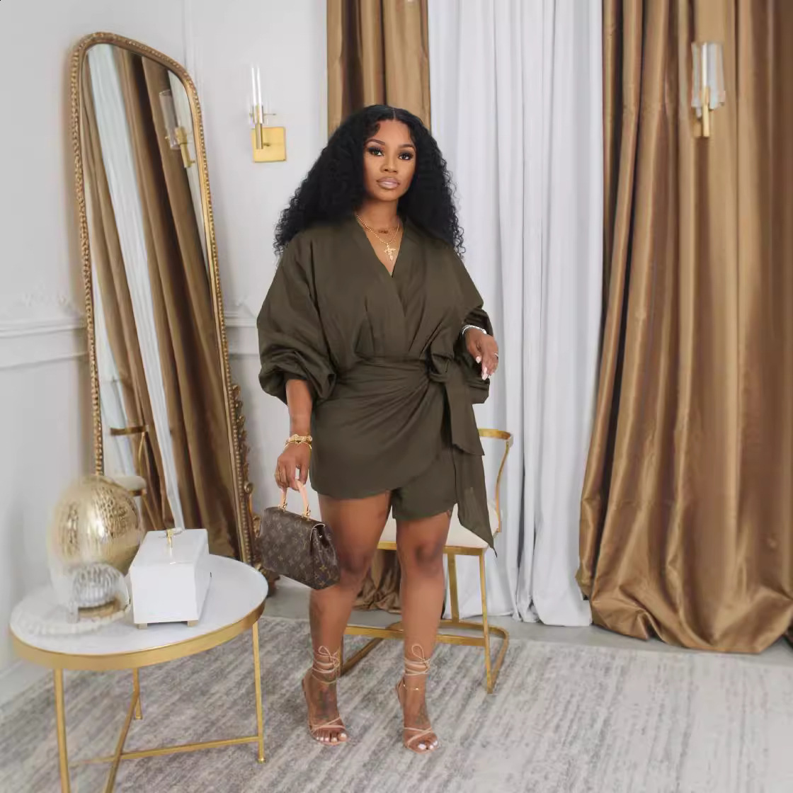 Casual Dresses Women Chic Side Folds Lace-Up Mini Dress Elegant Commute Lapel Dress Fall Fashion Long Sleeve Solid Color V Neck Shirt Dress 230512