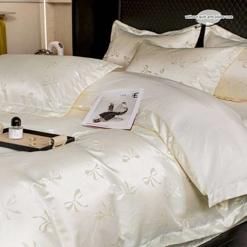 3pcs Cream color Duvet 1*Duvet Cover + 2*Pillowcase, Without Core, bow jacquard Bedding Set H260311