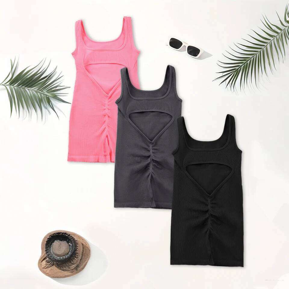 1PCS less Yoga Suit U Neck Sleeveless Sports Jumpsuit Solid Colour Threaded Stretch Women Bodysuit Without Bust Pads 26H0311