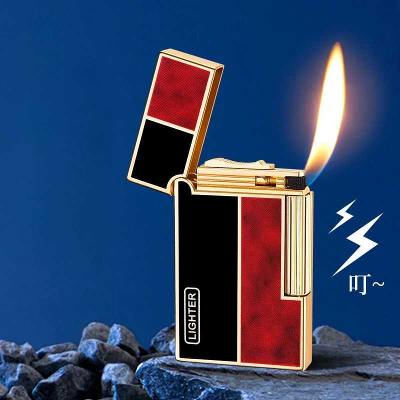 Slim Steel Sounding Light Luxury Retro Lighter Inflatable Open Flame Side Sliding Grinding Wheel Inclined Fire Metal Lighter N260311