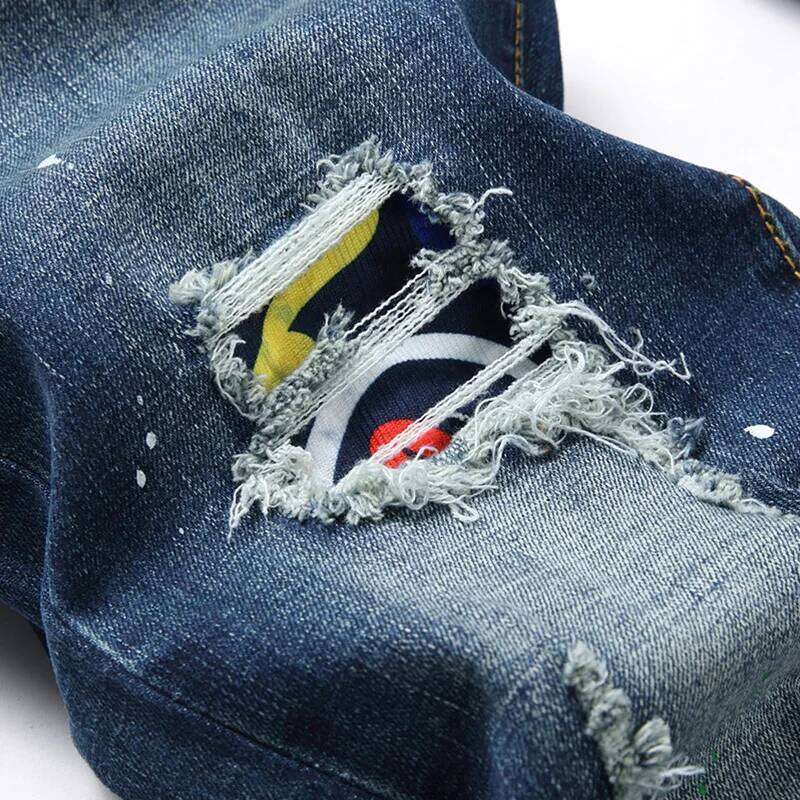 New Paint Spots Ripped Fashion Jeans Men's Splicing Stretch Slim Punk Denim Pants Personality Streetwear Male Trousers Z260225