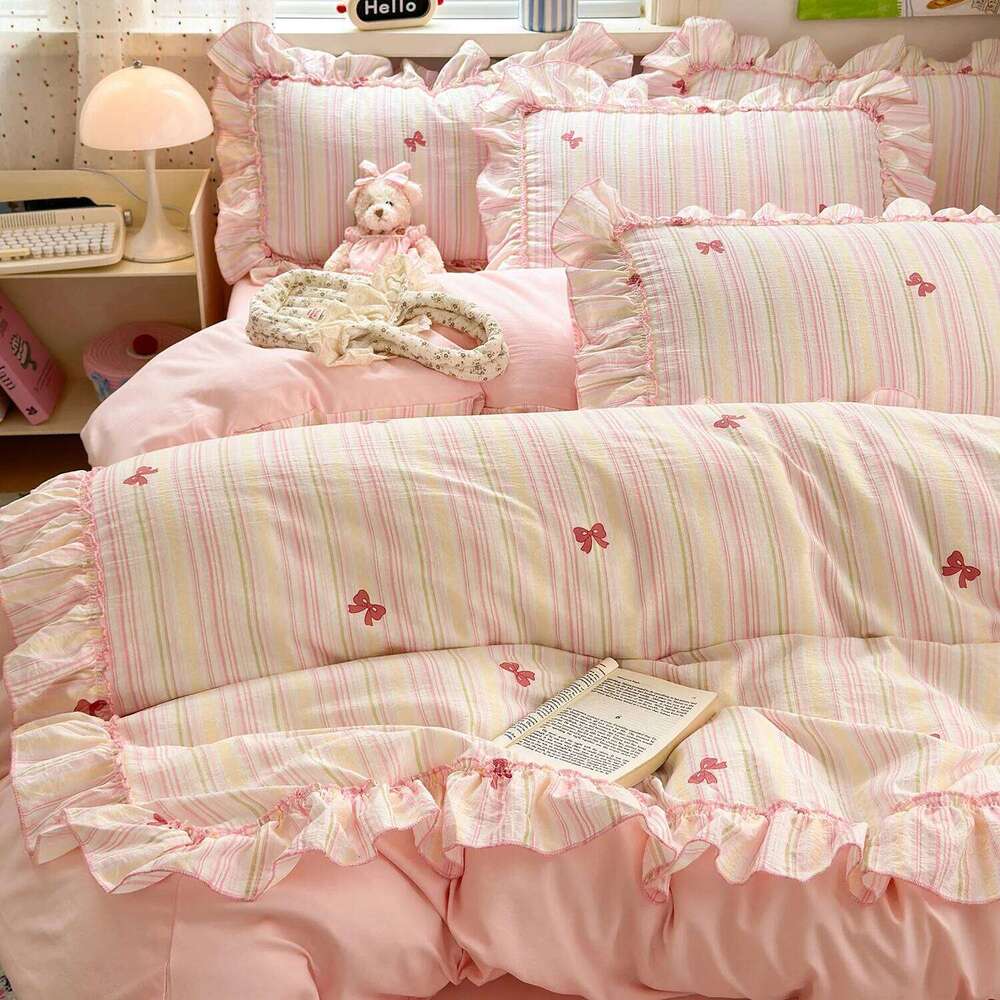 3pcs pink seersucker Duvet 1*Duvet Cover + 2*Pillowcase, Without Core,pink bow Bedding Set H260311