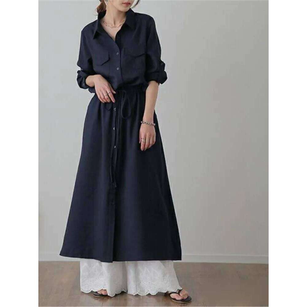 Solid Color Shirts Dresses Women Fashion Casual Lapel Long Sleeve Drawstring Elastic Waist Dress Female Commuting Clothing Z260311
