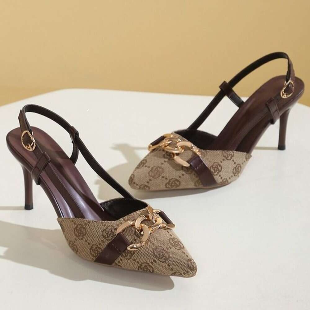 Womens Print Slingback Stiletto Heels Gold Chain Pointed Toe Heeled Sandals Luxury Back Strap High Heels For Work And Special Occasions