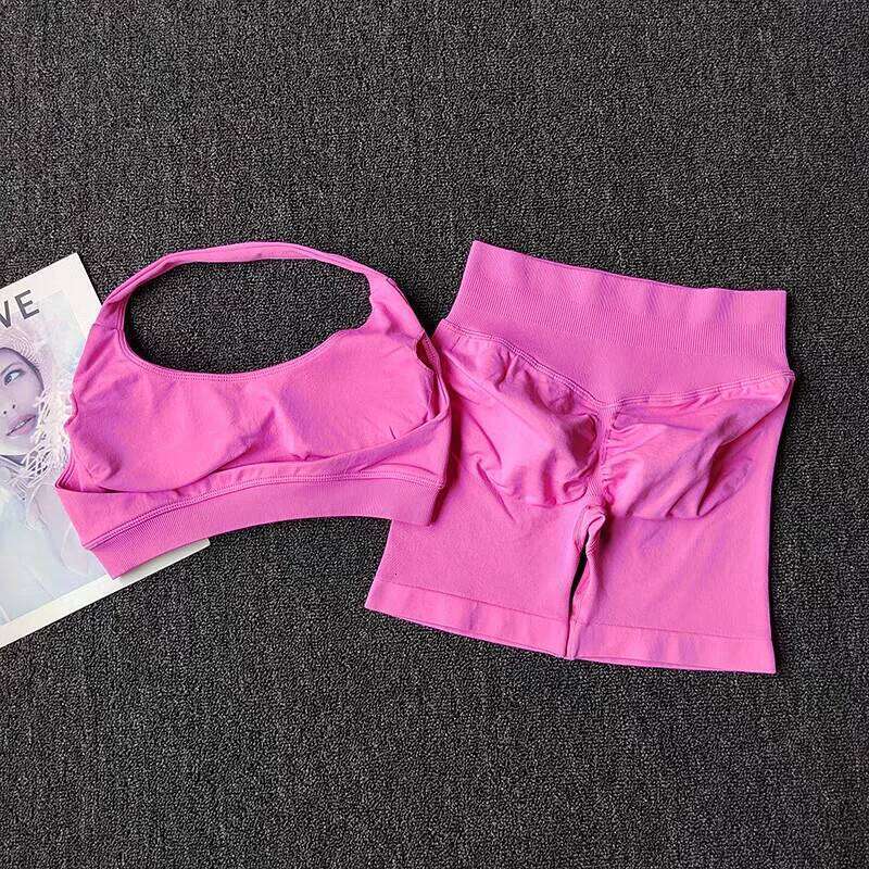 2 Pieces Yoga Suit for Women Seamless Fitness Clothes Halter Sports Bra Matching Impact Shorts Workout Sets Gym Set Outfit 26H0311