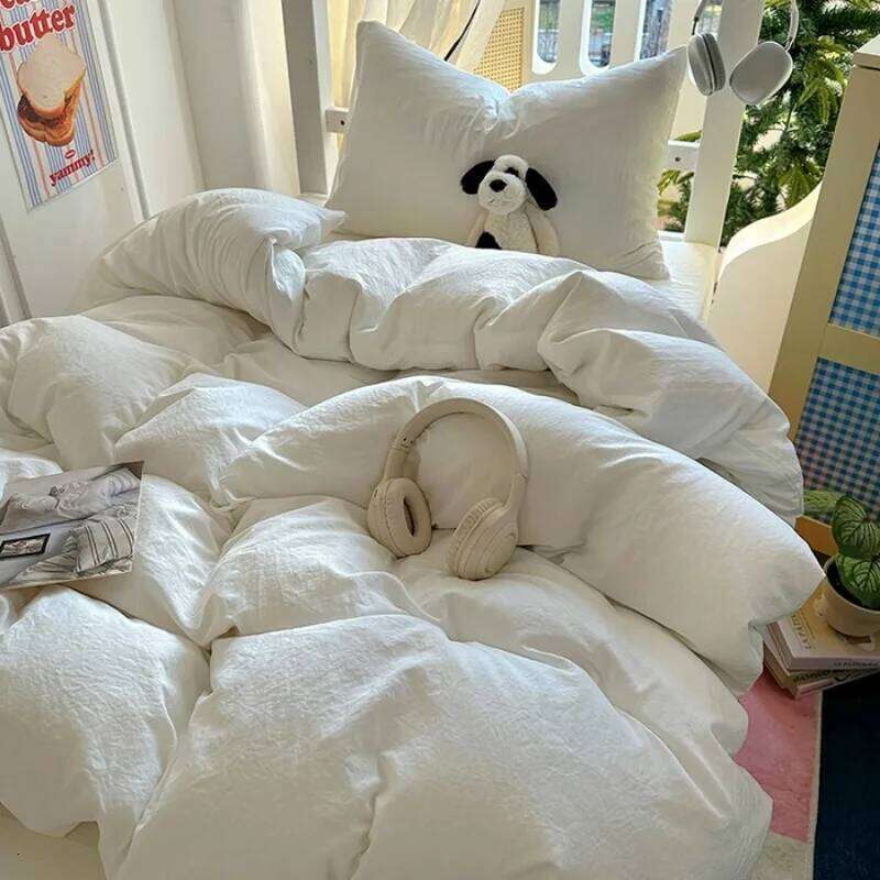 2025 new solid color simple washed cotton bed sheet four-piece machine washable student dormitory three-piece set H260311