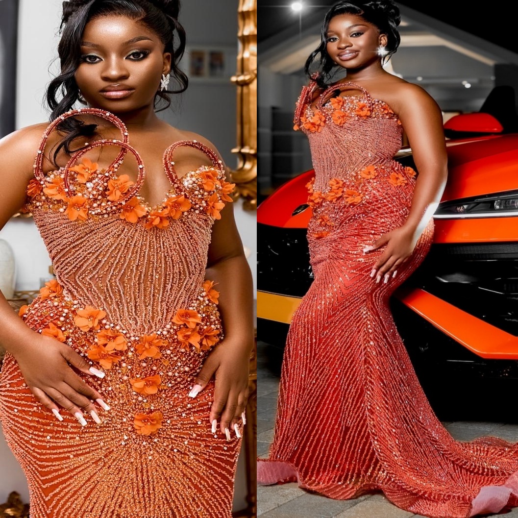 2K26 Orange Prom Dress 2026 Mermaid Prom Dress Pearls Flowers Crystals Sequined Evening Dresses Birthday Party Formal Receiption Gowns Dresses ZJ015