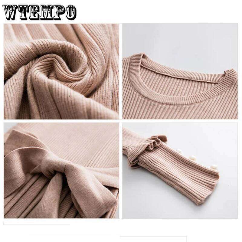 WTEMPO Korean Fashion Slim Crew Neck Sweater Dress Women Elegant Belted Sleeve Pleated Knitted Long Dresses Z260311