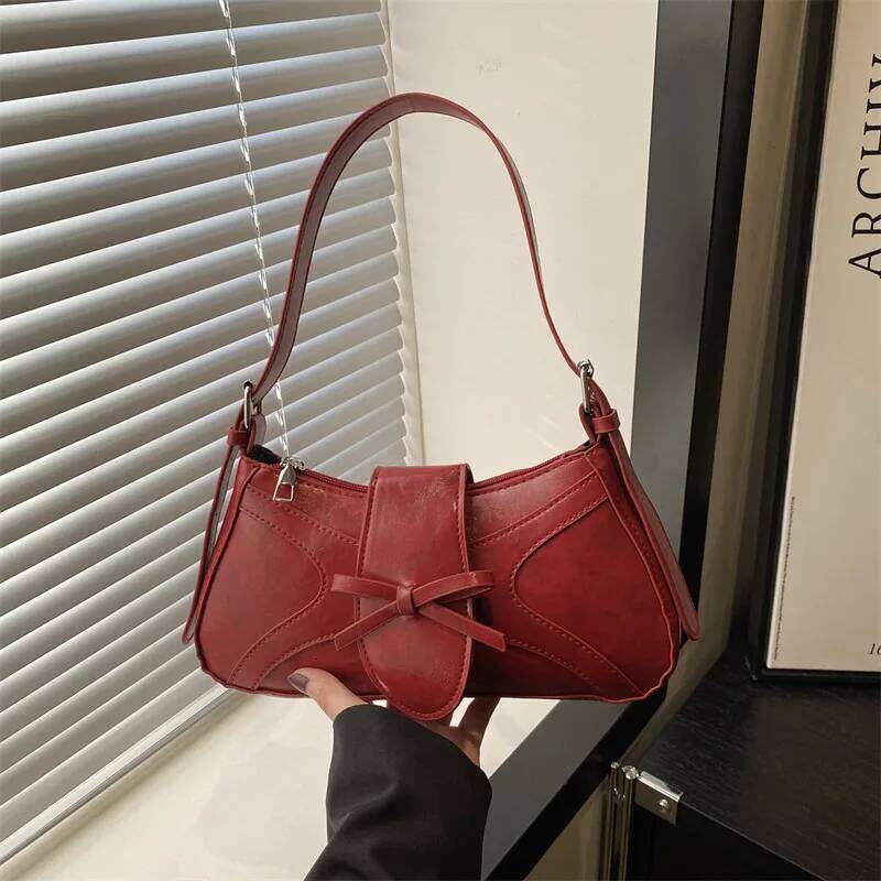 Sweet Bow Thread Design Women Shoulder Bags Simple Versatile Ladies Handbags Purse Portable Solid Color Female Pu Underarm Bag XJ260311