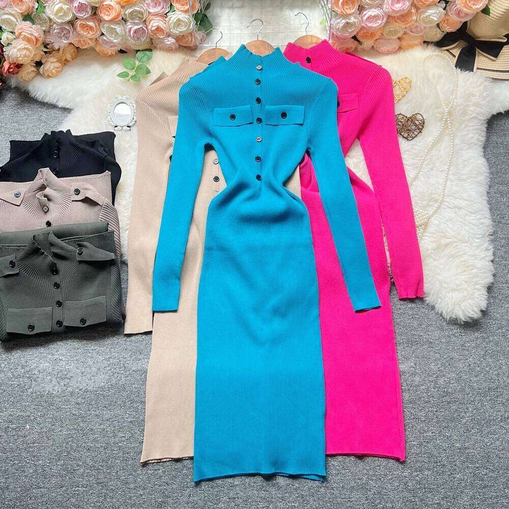 YuooMuoo Chic Fashion Sexy Wrap Hips Knitted 2025 Autumn Winter Turtleneck Buttons Bodycon Sweater Dress Streetwear Outfit Z260311