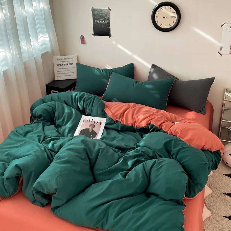 Green Orange Duvet Modern Fashion Solid Color Bedding Set,3pcs Comforter Polyester Quilt Cover with 2 Pillowcases H260311