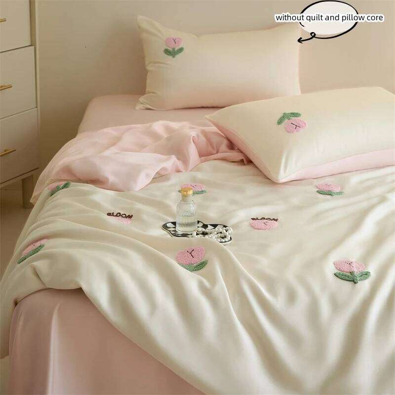 3pcs Embroidered tulips Duvet Set 1*Duvet Cover + 2*Pillowcase, Without Core soft Bedding Set, Soft Comfortable H260311