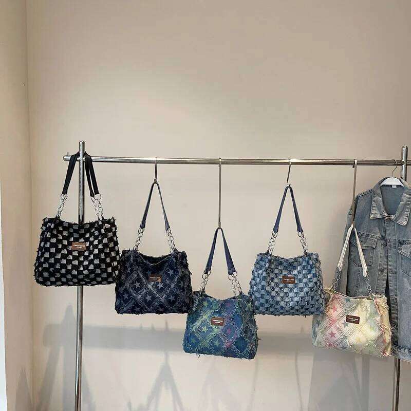 Vintage Plaid Tassel Design Denim Shoulder Bags for Women Large Capacity Ladies Casual Tote Bag Versatile Star Female Handbags XJ260311
