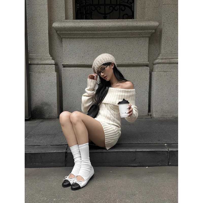 YIABSHU Slash Neck Off-Shoulder Knitted Sweater Dress Women Spring Autumn American Retro 2000s Sexy Slim Fit White Short Skirt M260311