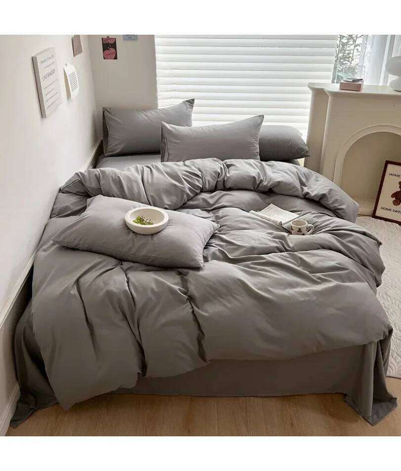 Solid Bed Linen Cotton Bedding Set with Sheet Duvet Cover Pillowcase Single Couple Bedsheet King Queen Double Twin Size H260311