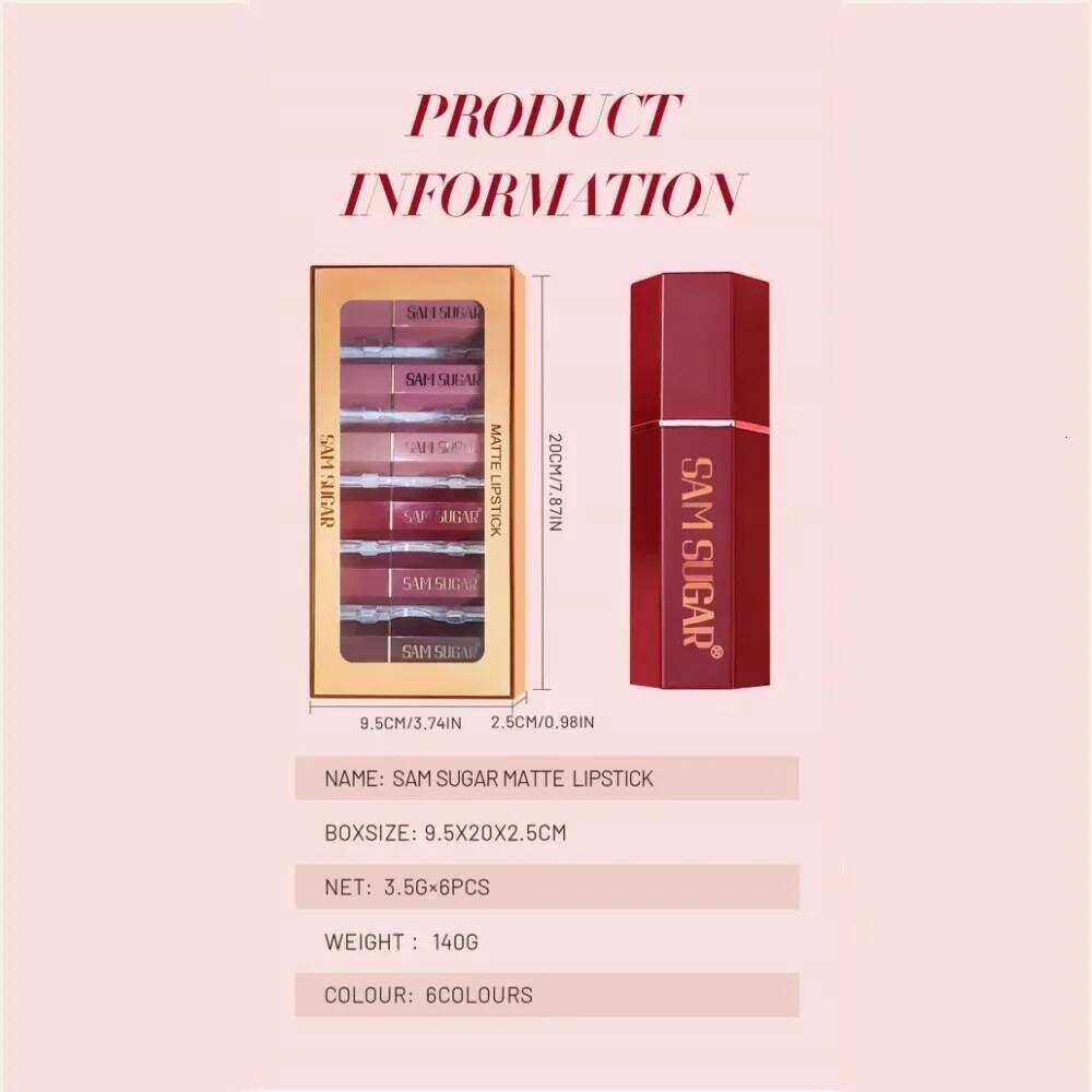 SAM SUGAR 6pcs Lipstick Set - Matte & Shiny Diamond Finish Long-Lasting Non-Sticky Moisturizing Velvet Sexy Red Colors Lip Kit W260311