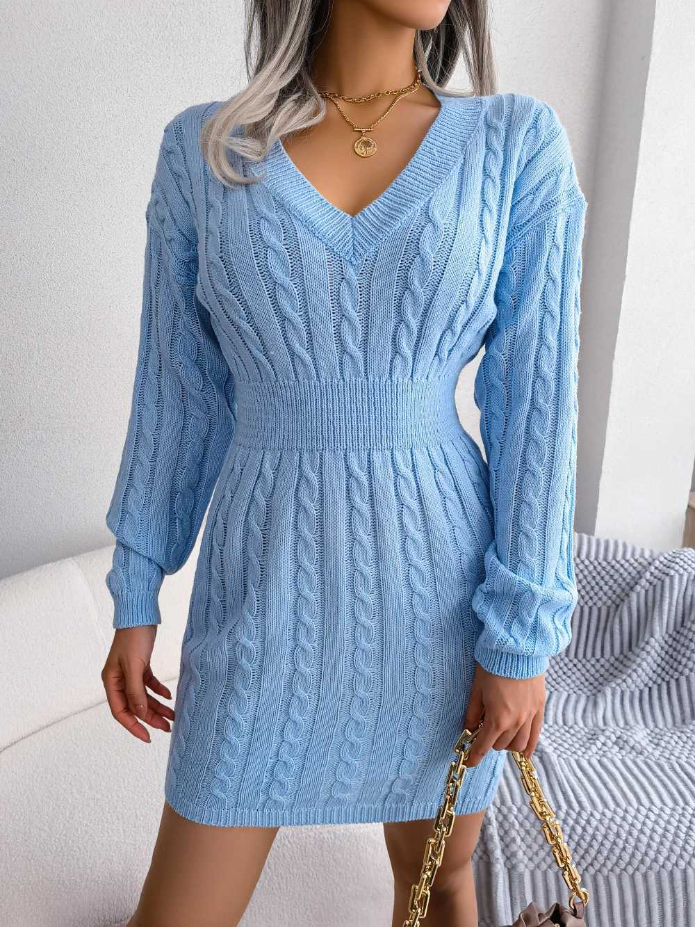 Knitted Sweater Dress for Women 2026 Autumn Winter Elegant Long Sleeve Slim Waist Knitwear White Blue Khaki Woman Clothing M260311