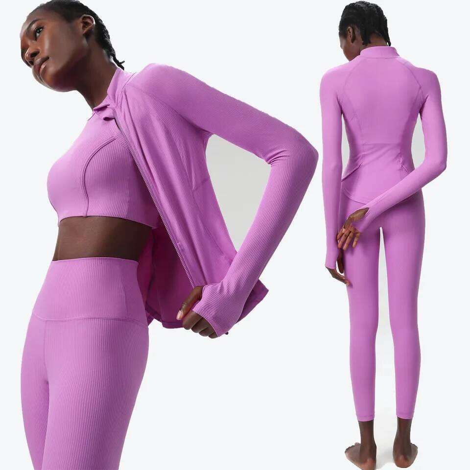 3pcs Fitness Yoga Set Women Solid Color Ribbed Gym Suit Long Sleeve Running Sportswear Female Breathble Workout Clothes 26H0311