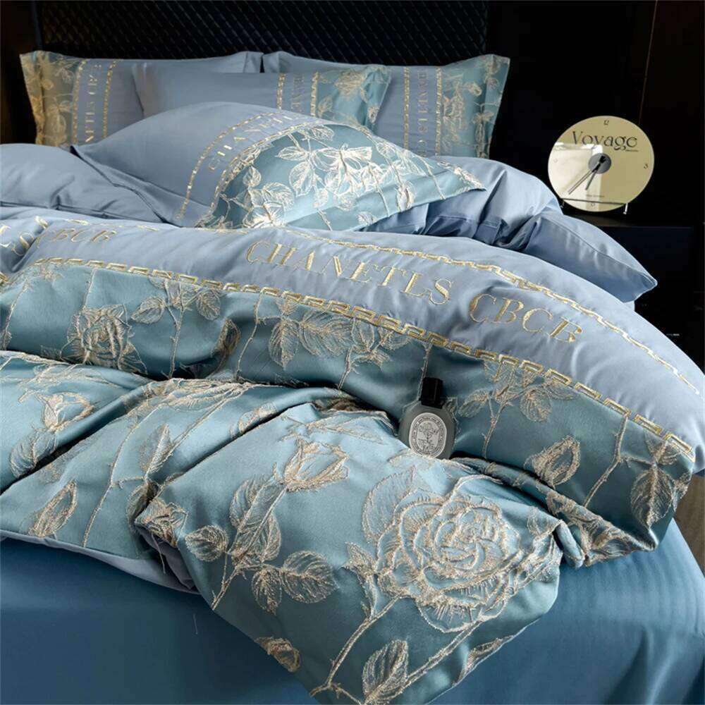 Embroidery Bedding Satin Jacquard Soft Comforter Four Piece Bed Linen Pillowcase Duvet Cover Set Queen King Home Textile H260311