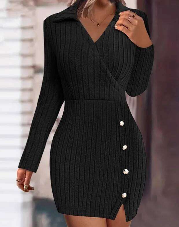 New autumn winter solid color V-neck fitted bodycon long sleeve dress for women from Europe and America. Z260311
