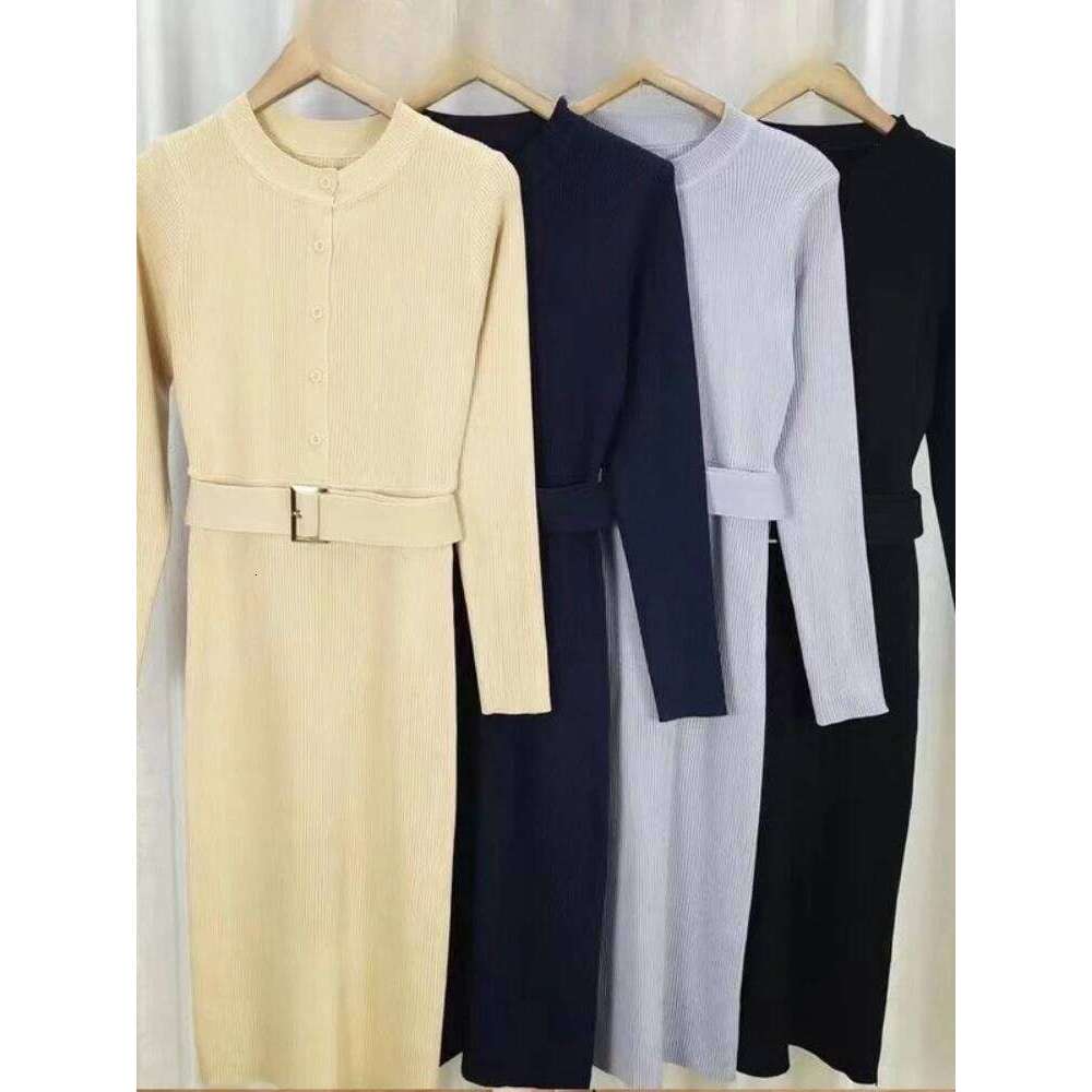 New Spring Autumn Knit Elegant Sexy Single Breasted Stand Collar Long Sleeve Bodycon Dress Solid Color Stretch Tight Slim Dresss Z260311