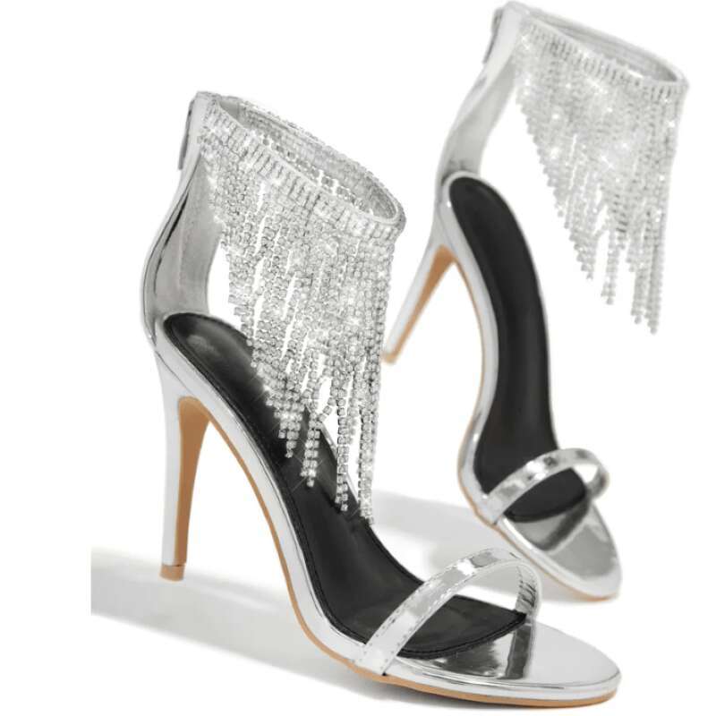 Women S Embellished Dangle Heels European and American crystal fringed thin-heeled sandals - 2025 summer ladylike style one-strap sexy open-toe high h