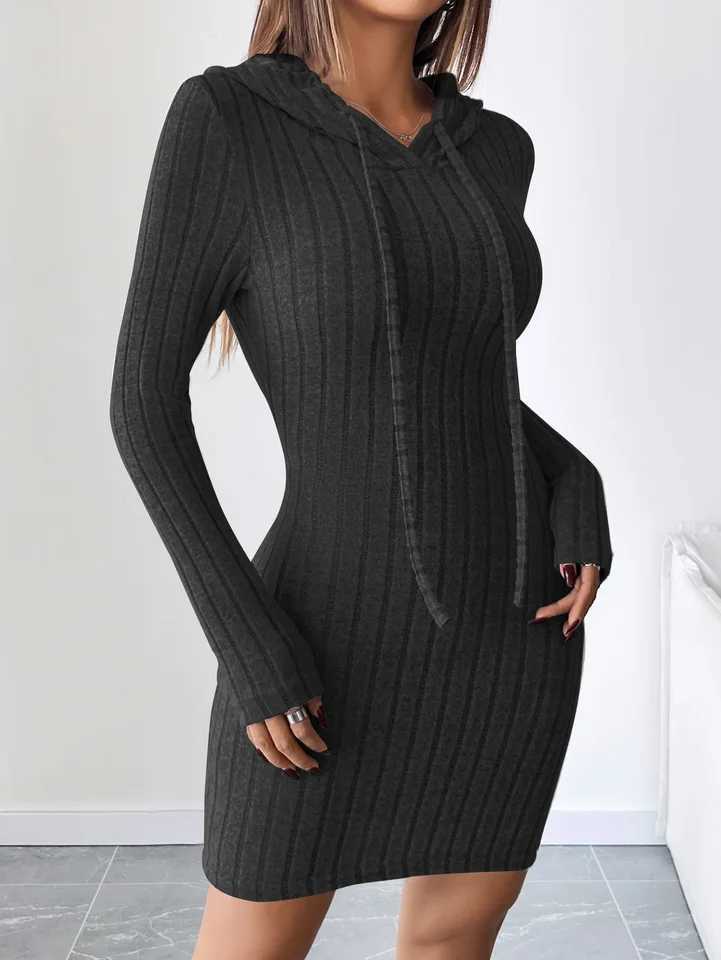 Trendy Ribbed Knitted Hooded Slim Fit Dress with Drawstring - Comfortable Casual Style for Women M260311
