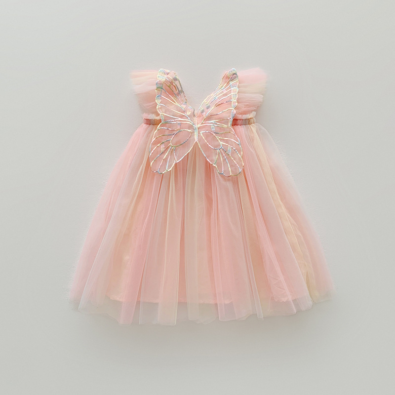 Girl Butterfly Wing Tulle Dress, Toddler Rainbow Princess Tutu for Birthday Party