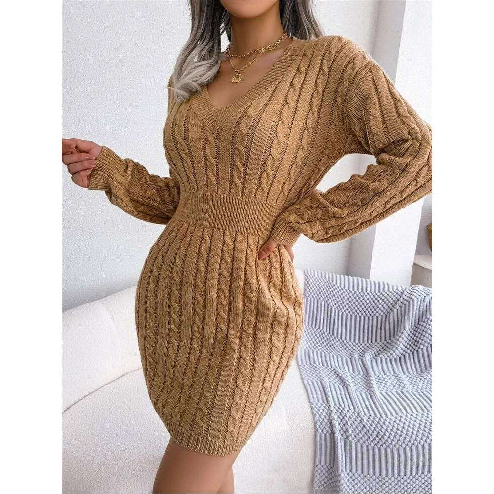 New Fashion Autumn Winter Bodycon Pencil Women Slim Fit Cable Knit Long Sleeve Sweater Sexy V Neck Club Party Dress Z260311