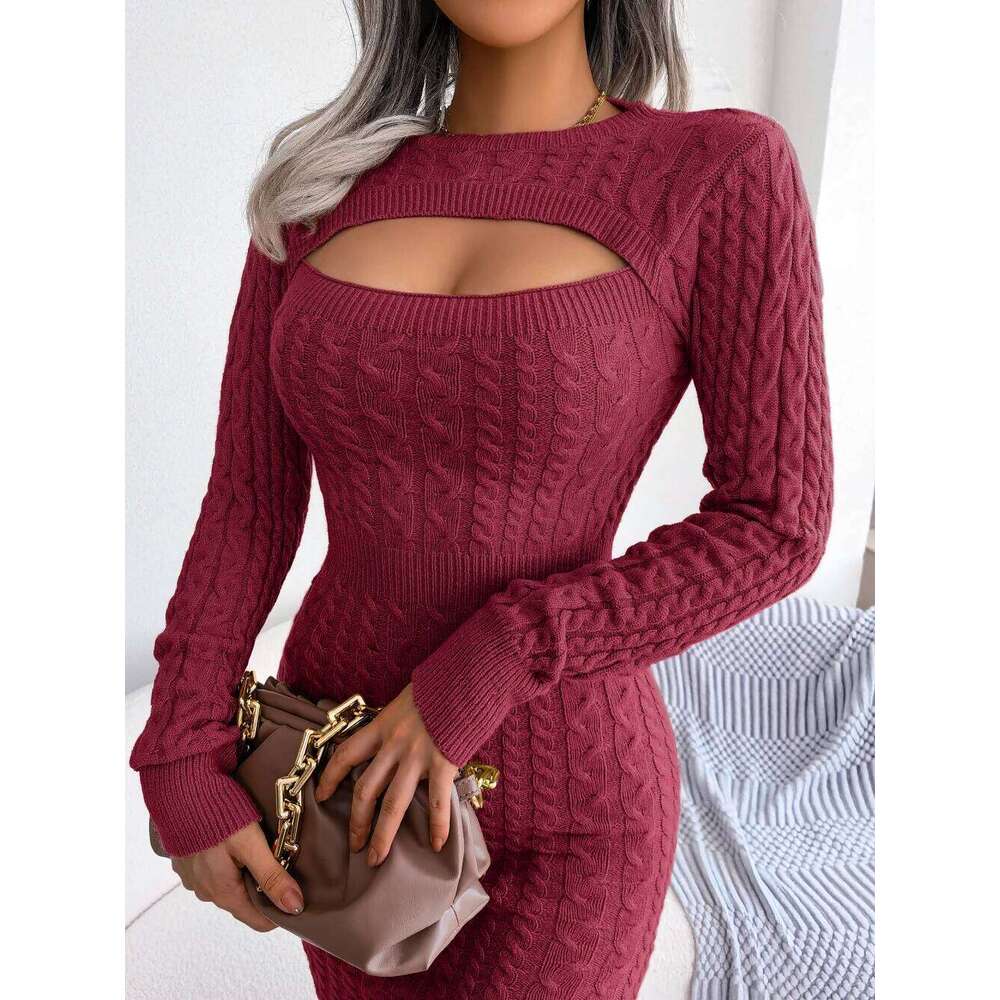 Sexy Sweater Dresses For Women 2026 Autumn Winter Long Sleeve Hollow Out Bodycon Knitted Clothing Black Red Blue Z260311